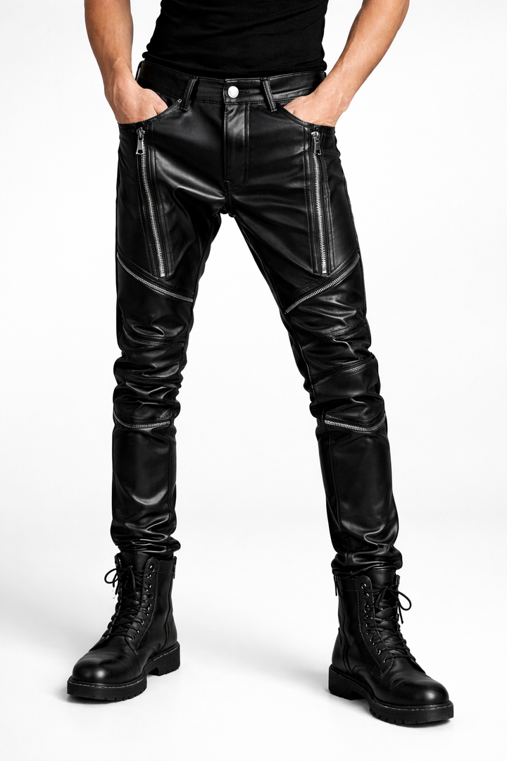 Zwarte slanke heren lederlook broek in modieuze city stijl, ideaal voor een elegante casual look.