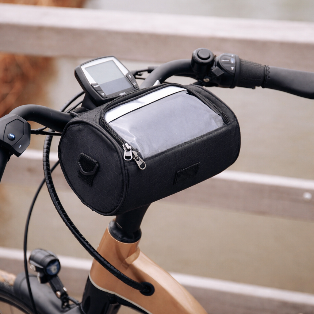 Zwarte Speedy fietstas, touchscreen compatibel voor telefoonnavigatie en opslag.
