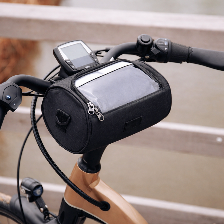 Zwarte Speedy fietstas, touchscreen compatibel voor telefoonnavigatie en opslag.