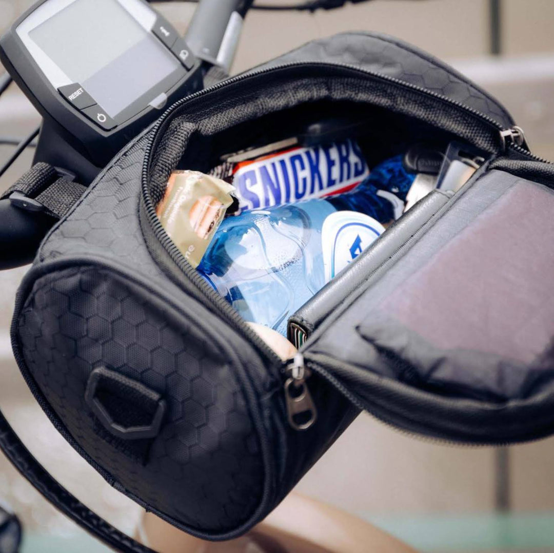 Zwarte, blauwe en gele fietstas met touchscreen, waterdicht en veelzijdig voor elke fietser.
