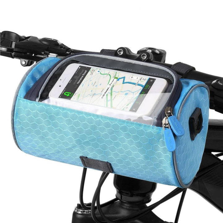 Gele touchscreen fietstas, waterdicht en universeel, voor gemakkelijke bediening tijdens het fietsen.