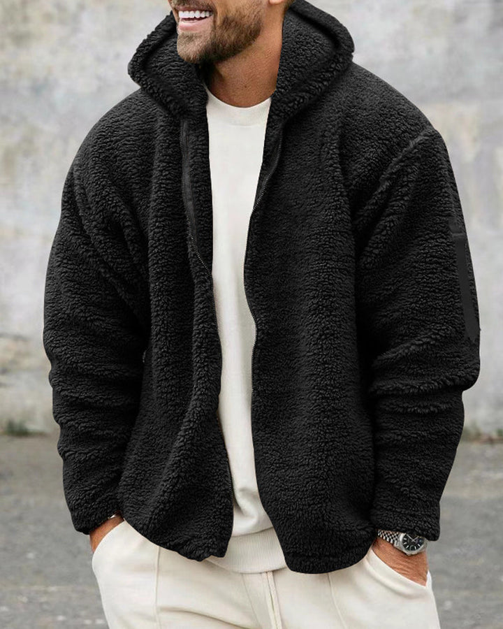 "Zwarte thermische zip trui met capuchon, hoogwaardige stof, casual stijl voor koude seizoenen en dagelijks gebruik."