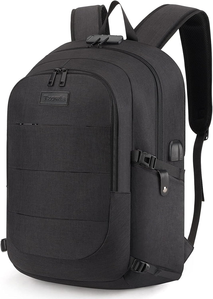 Zwarte unisex anti-diefstal laptop reisrugzak met USB-poort, 30-50L.