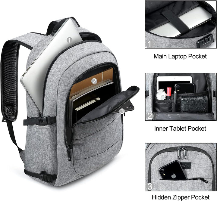 Zwarte unisex anti-diefstal laptop & reisrugzak 30-50L met handige USB-poort.