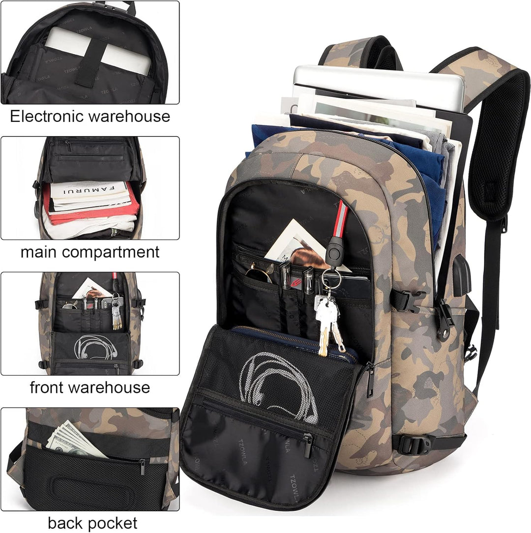 Zwarte bagage rugzak, 30-50L, met speciaal laptopvak en geïntegreerde USB-lader.