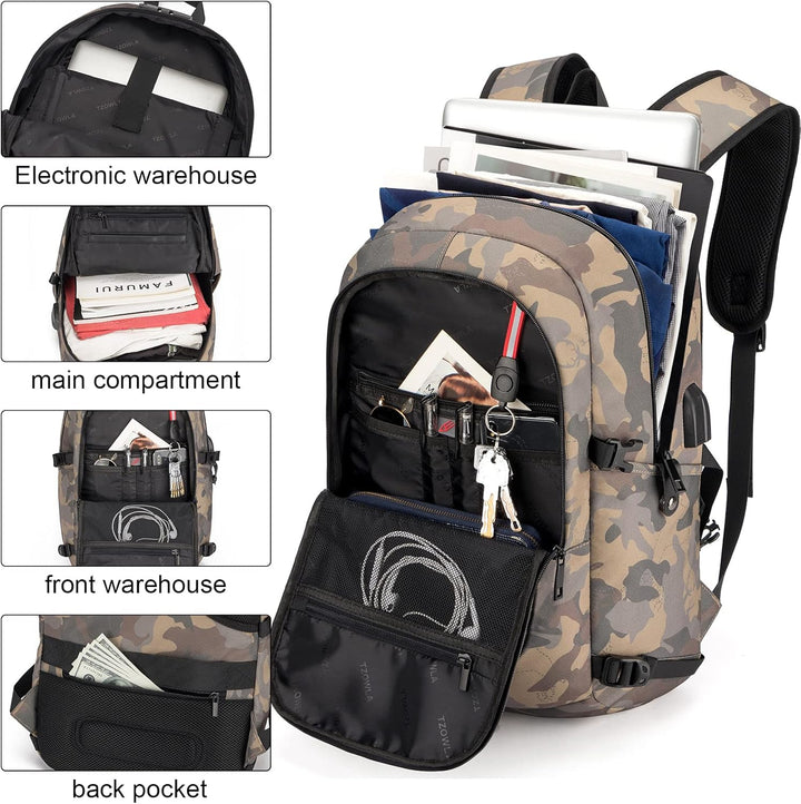 Zwarte bagage rugzak, 30-50L, met speciaal laptopvak en geïntegreerde USB-lader.