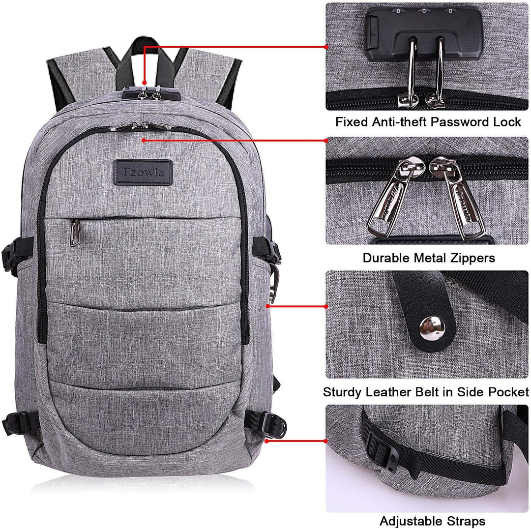 Vooraanzicht van de zwarte anti-diefstal laptoprugzak, strak design.