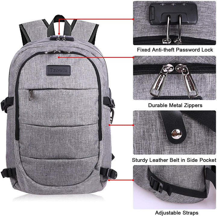 Vooraanzicht van de zwarte anti-diefstal laptoprugzak, strak design.