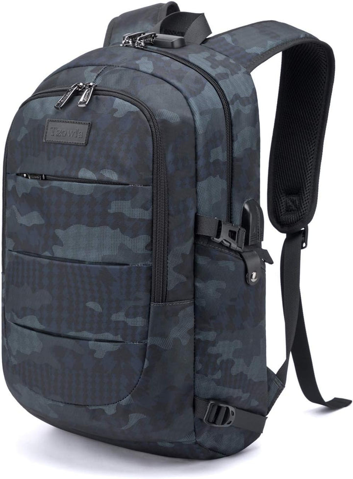 Blauwe laptop-reisrugzak met 30-50L capaciteit en externe USB-poort.