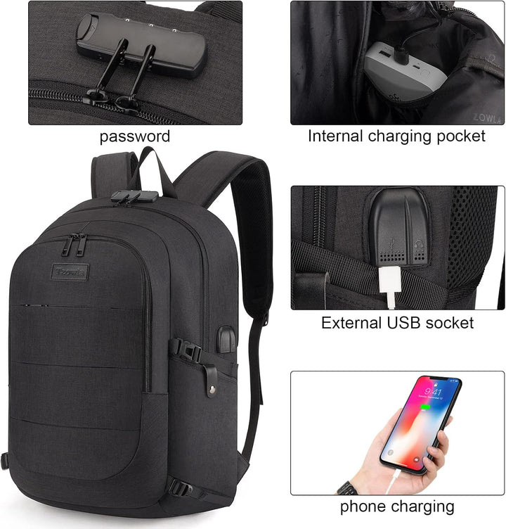 Zwarte anti-diefstal schooltas/werkrugzak 30-50L, geschikt voor 17-inch laptop.