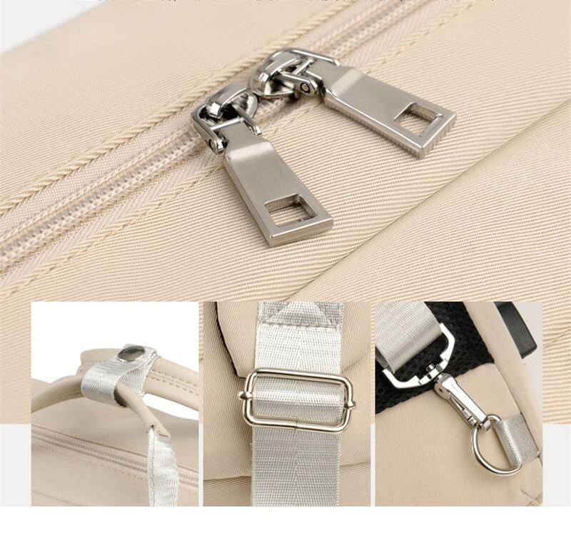Detail van USB-oplaadpoort op stijlvolle anti-diefstal rugzak, perfect voor onderweg.