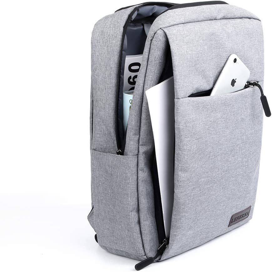 Vooraanzicht van de minimalistische waterdichte laptoprugzak, verkrijgbaar in zwart en grijs.
