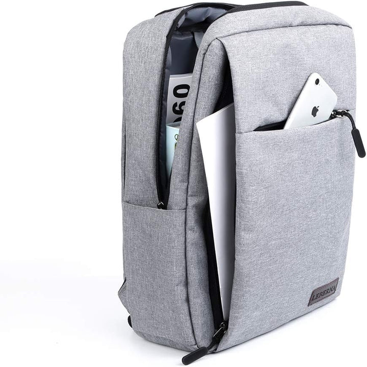 Vooraanzicht van de minimalistische waterdichte laptoprugzak, verkrijgbaar in zwart en grijs.