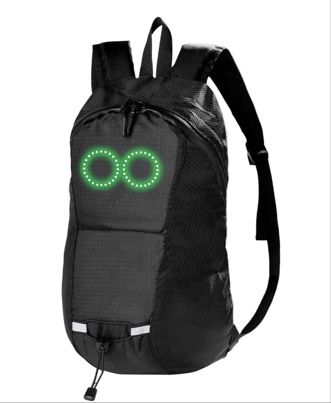 Zwarte reisrugzak met geïntegreerd LED-display voor verhoogde zichtbaarheid en unieke stijl.