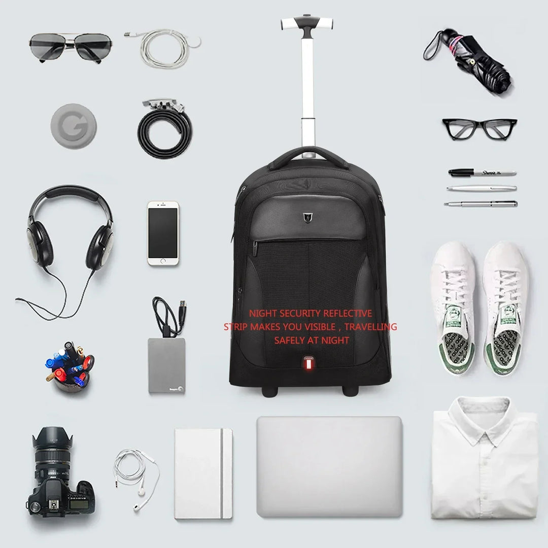 Unisex zakelijke rolbare laptoprugzak Helsinki, strak zwart design, veelzijdig als trolley voor professionals.