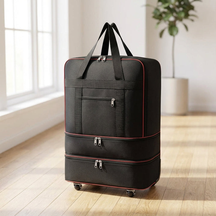 Zwarte unisex RollPacko opvouwbare duffel reistas met wielen, ideaal voor flexibele reisbagage en waterdicht.