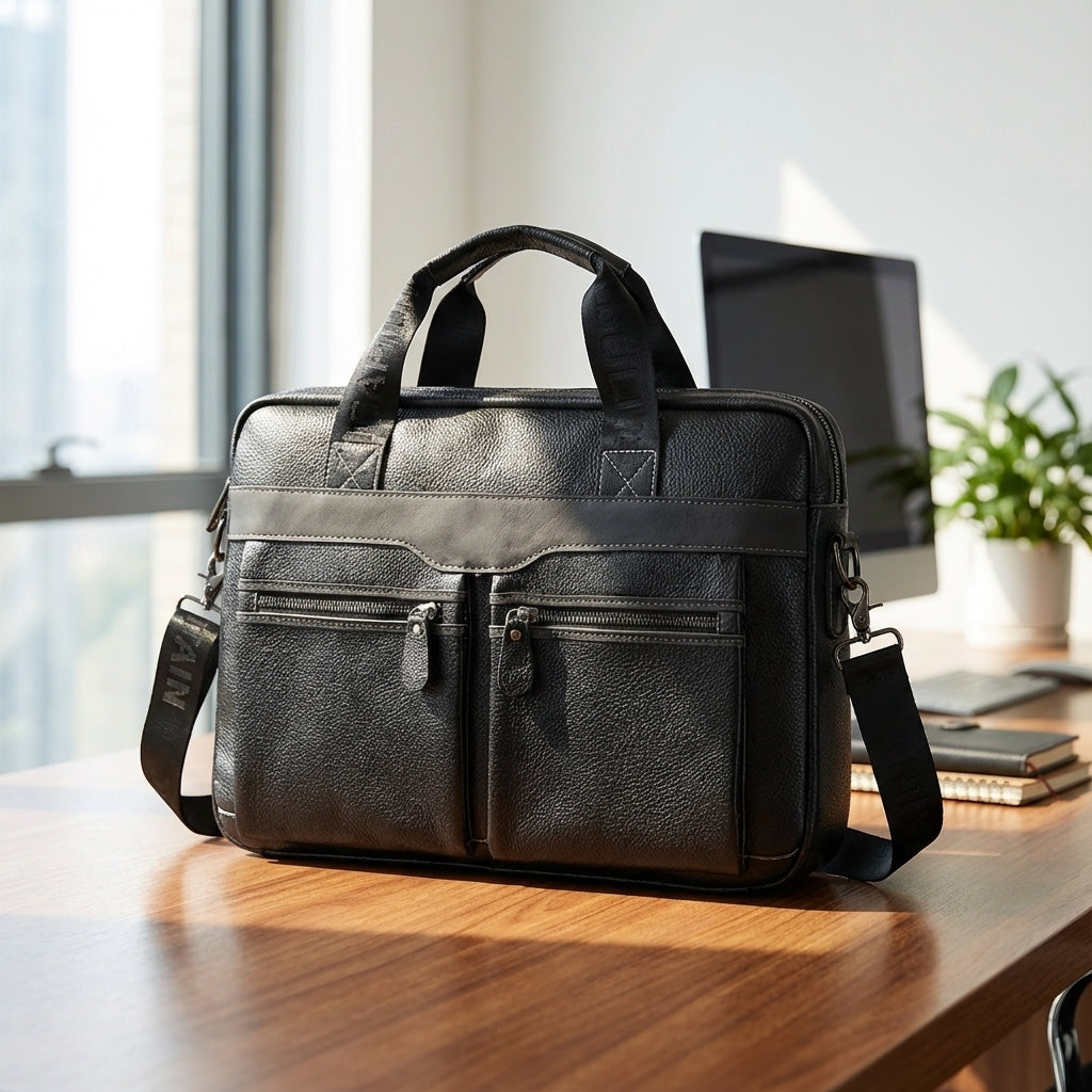 Zwarte UrbanSling zakelijke laptoptas van echt leer, stijlvol voor professionals.