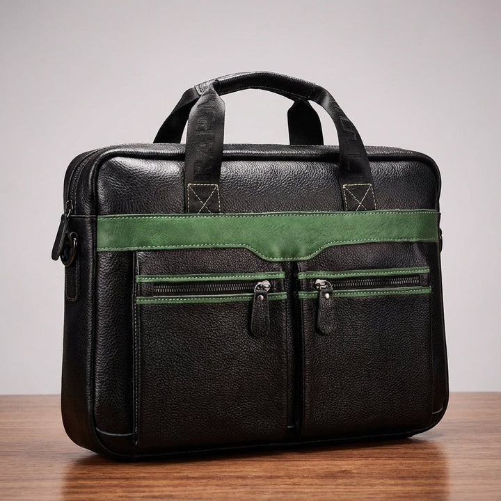 Stijlvolle leren laptoptas met meerdere compartimenten voor documenten en accessoires.