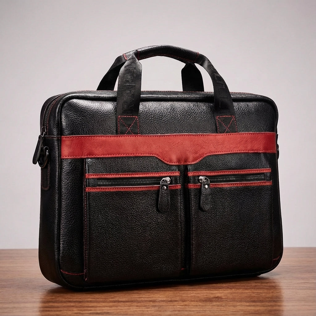 Hoogwaardige echt leren kantoortas voor laptops, organiserend en modern design.