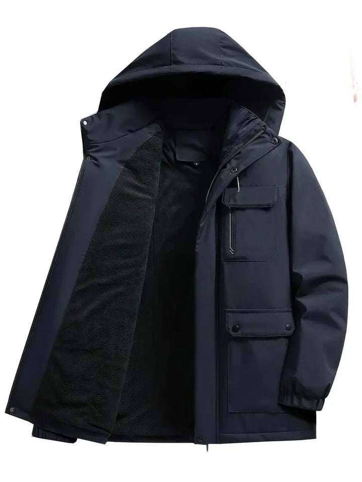 Zwarte waterdichte heren winterjas parka, warm en winddicht, ideaal voor koud weer.